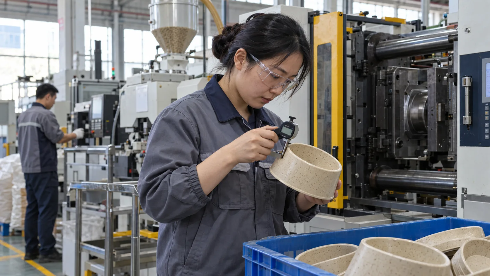 中国材料工程师在注塑产线旁检查一只植物纤维复合材料餐碗