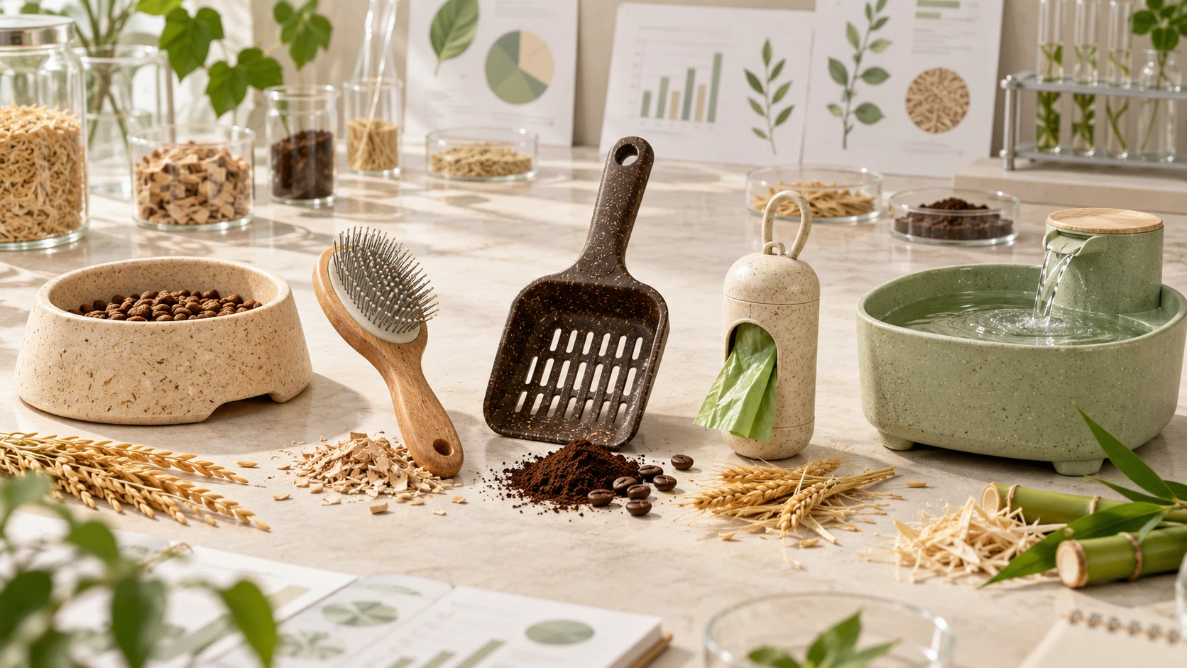 材料研究场景中陈列的植物纤维宠物用品