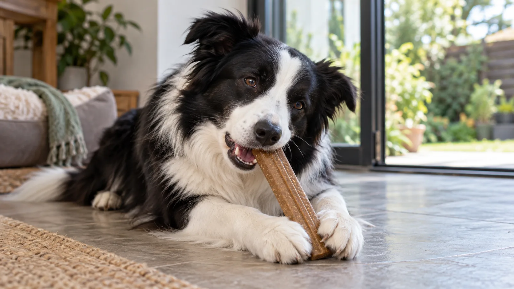 边境牧羊犬趴卧啃咬一根注塑成型的木纤维复合材料宠物咬胶棒