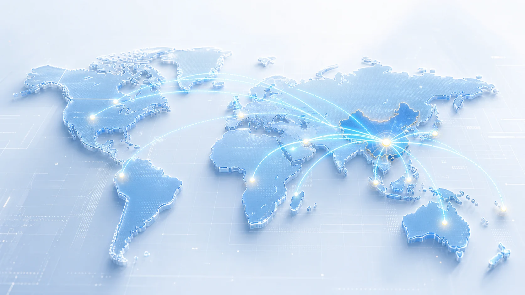 科技感世界地图,显示万佑宠WOOYOPET的全球服务与出口覆盖范围