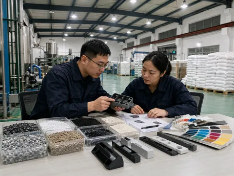 工程师结合粒料样品与色板评审塑件需求