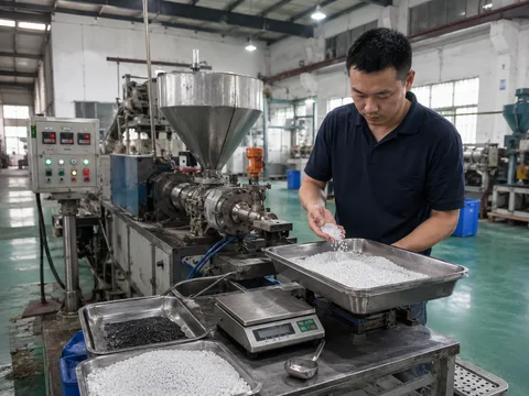 挤出设备旁的改性塑料粒料试样生产
