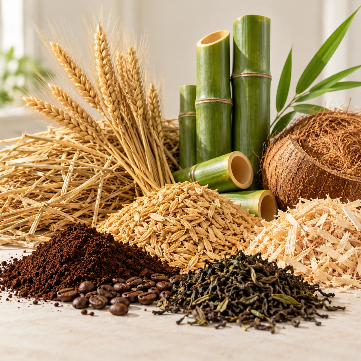 天然麦秸秆、竹材、椰丝、稻壳、木材、咖啡渣与茶渣等植物原料