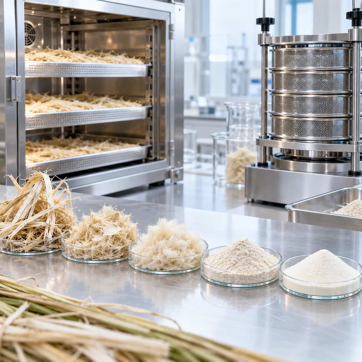 植物纤维经干燥、筛分与精磨，加工为指标受控的纤维