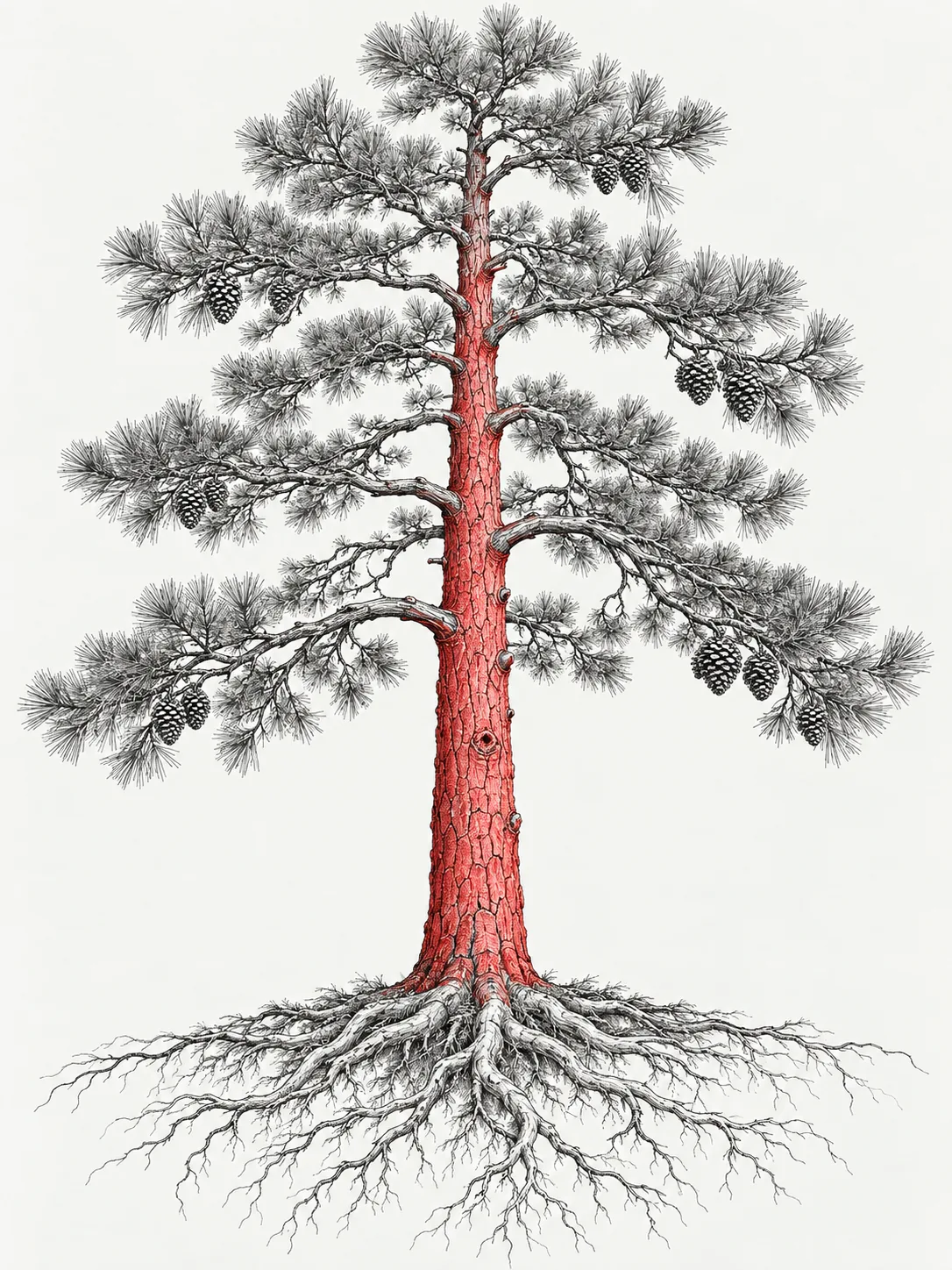 突出红松树干的植物插画